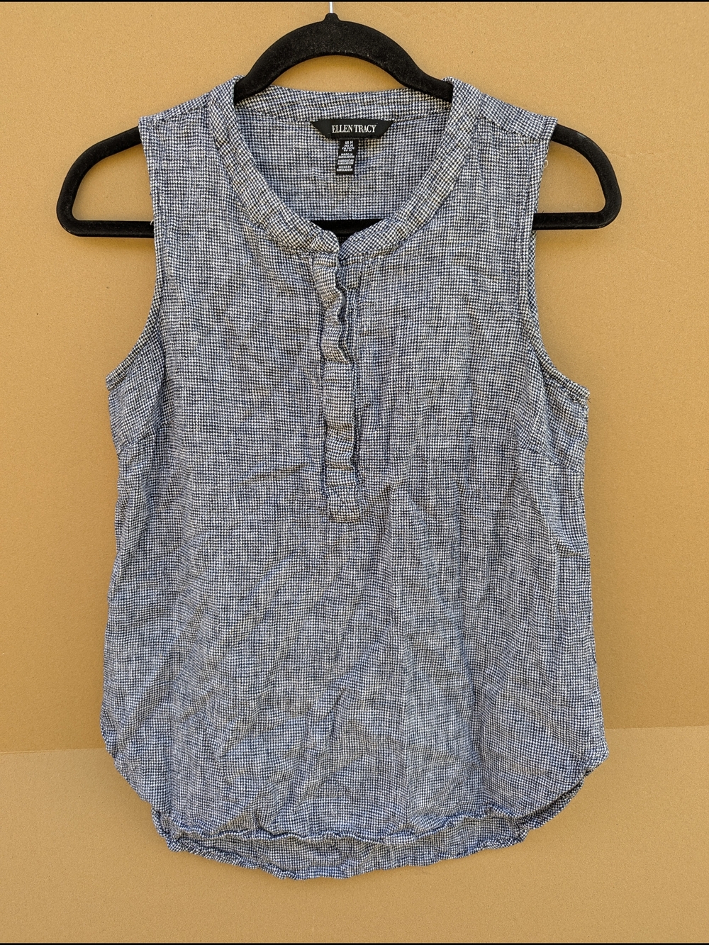 Ellen Tracy Linen Blend Sleeveless Top Medium Blue White Henley Blouse Minimal